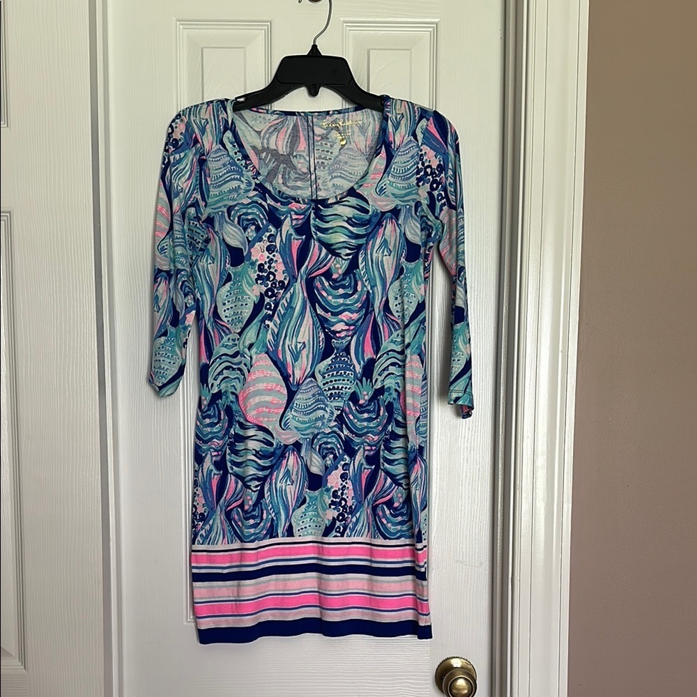 Women’s Printed Scoop Neck Dress in Navy, Teal & Pink XXS